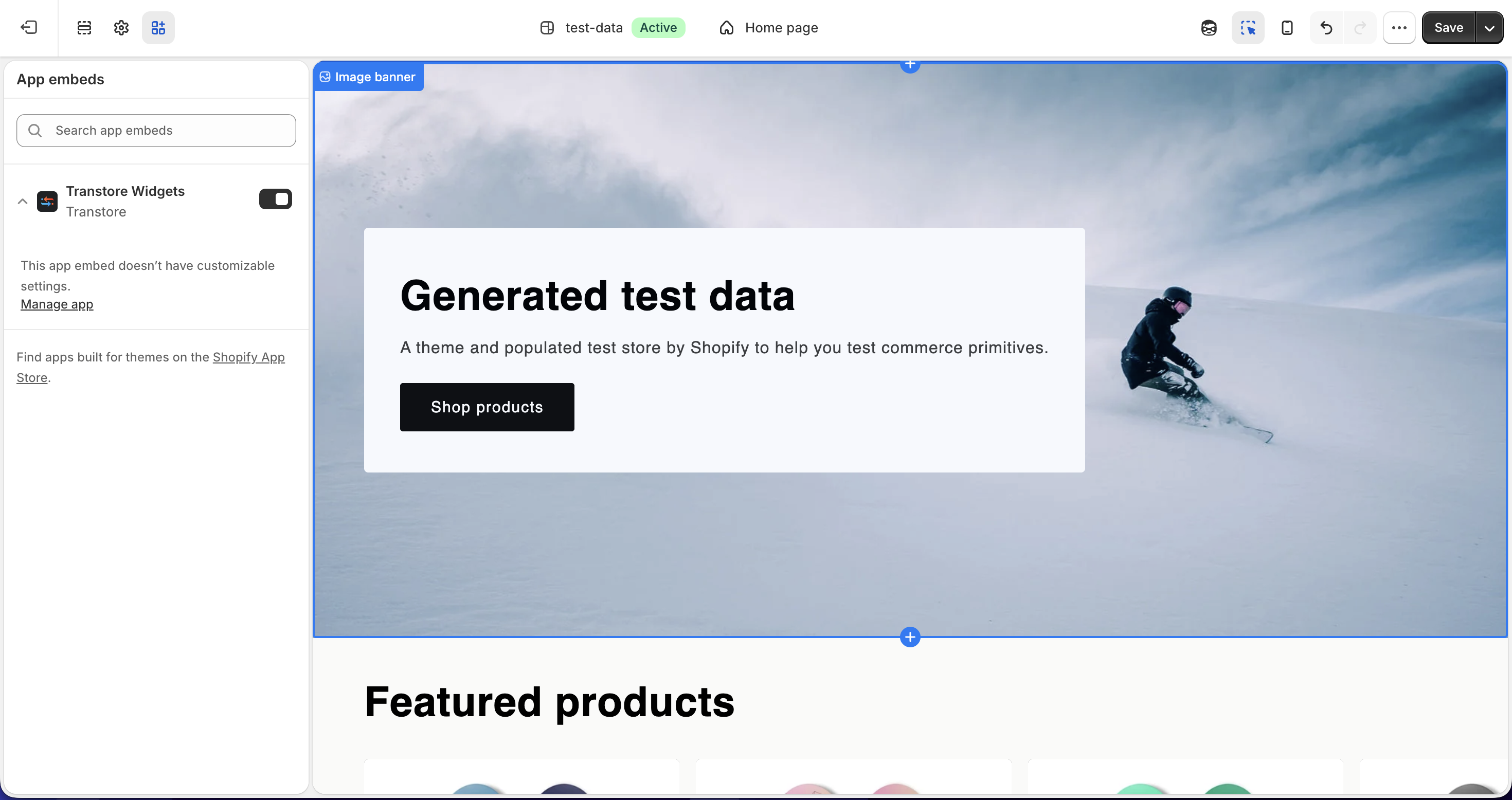 Transtore Widgets app embed in the Theme Editor