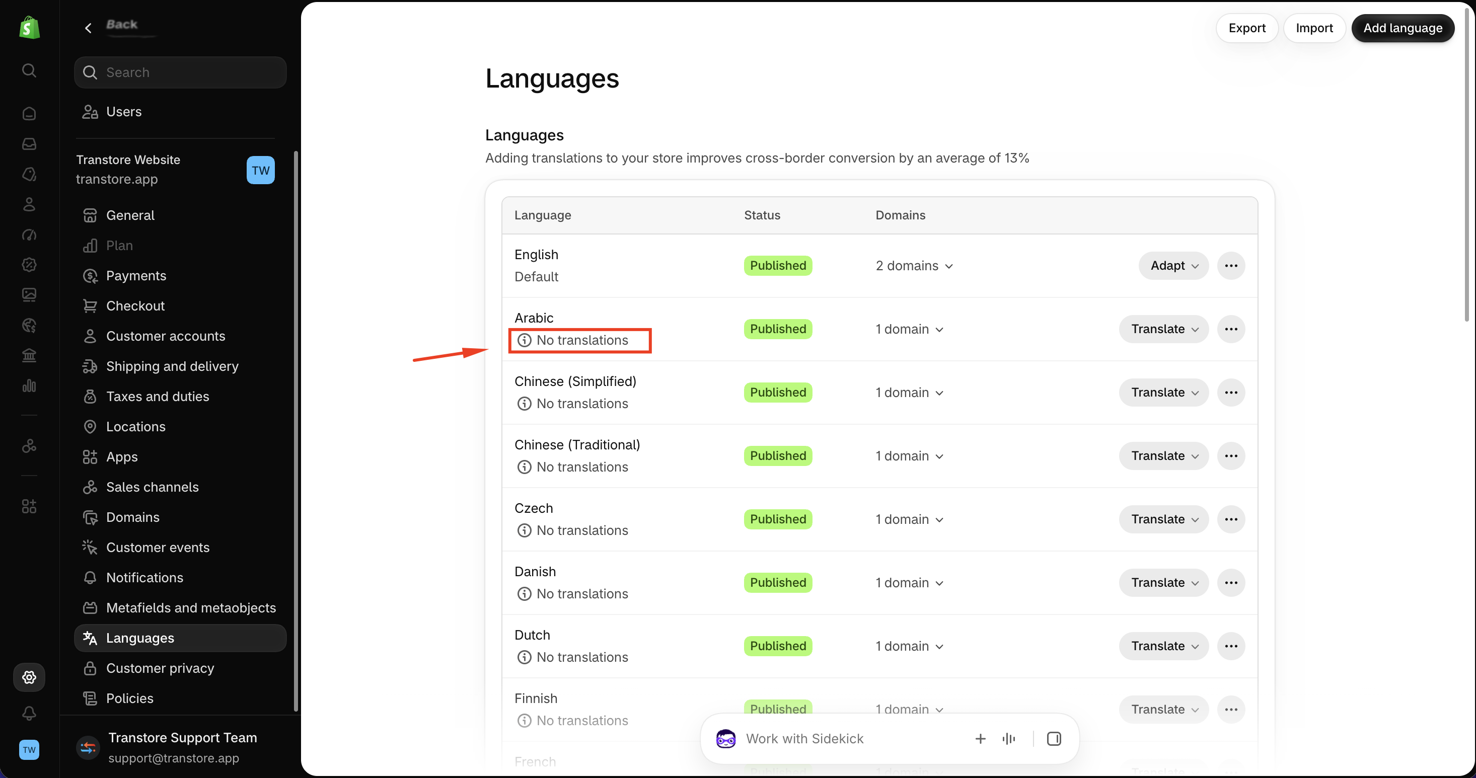 No translations status in Shopify language settings