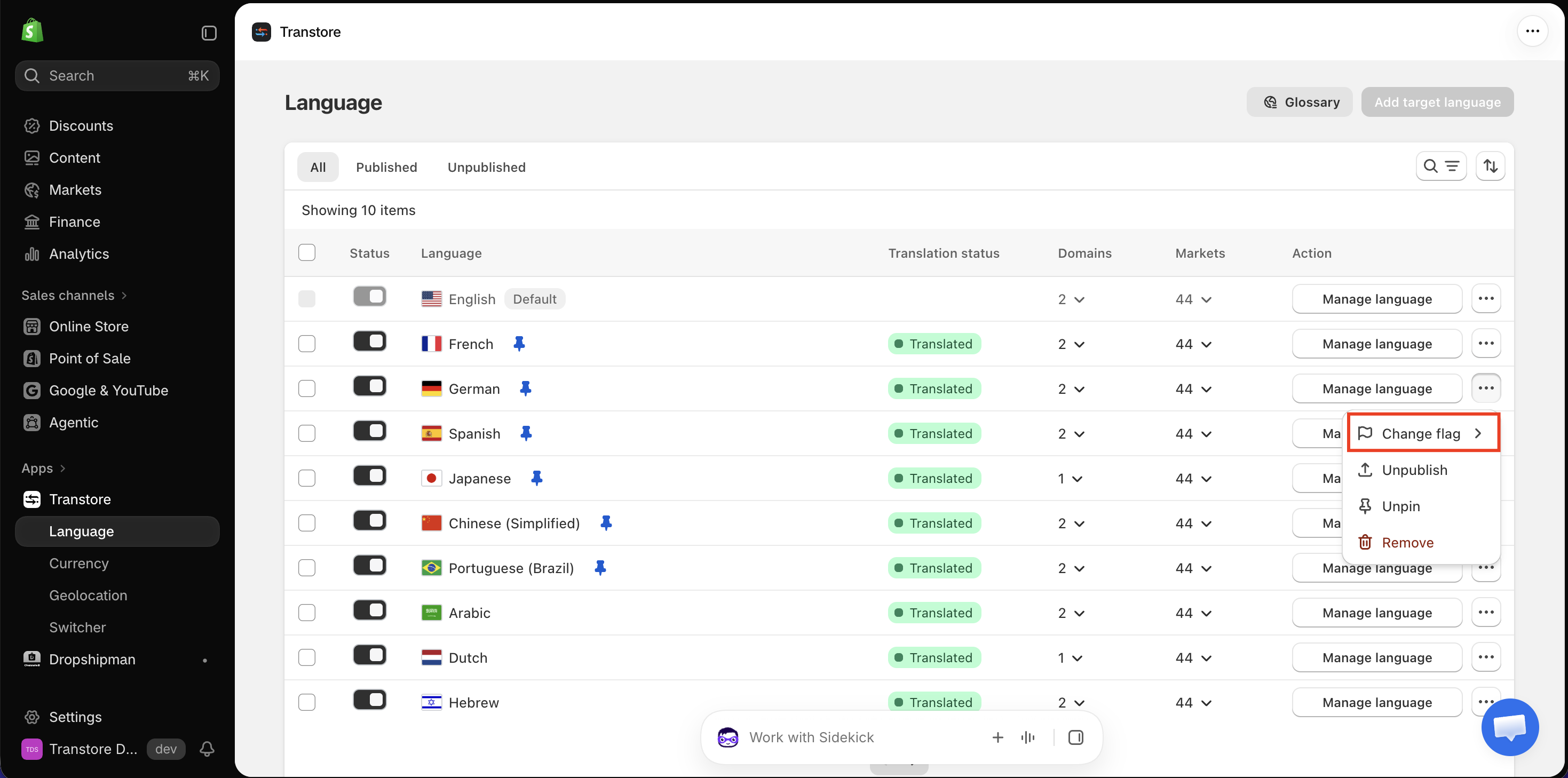 Change a language flag in Transtore