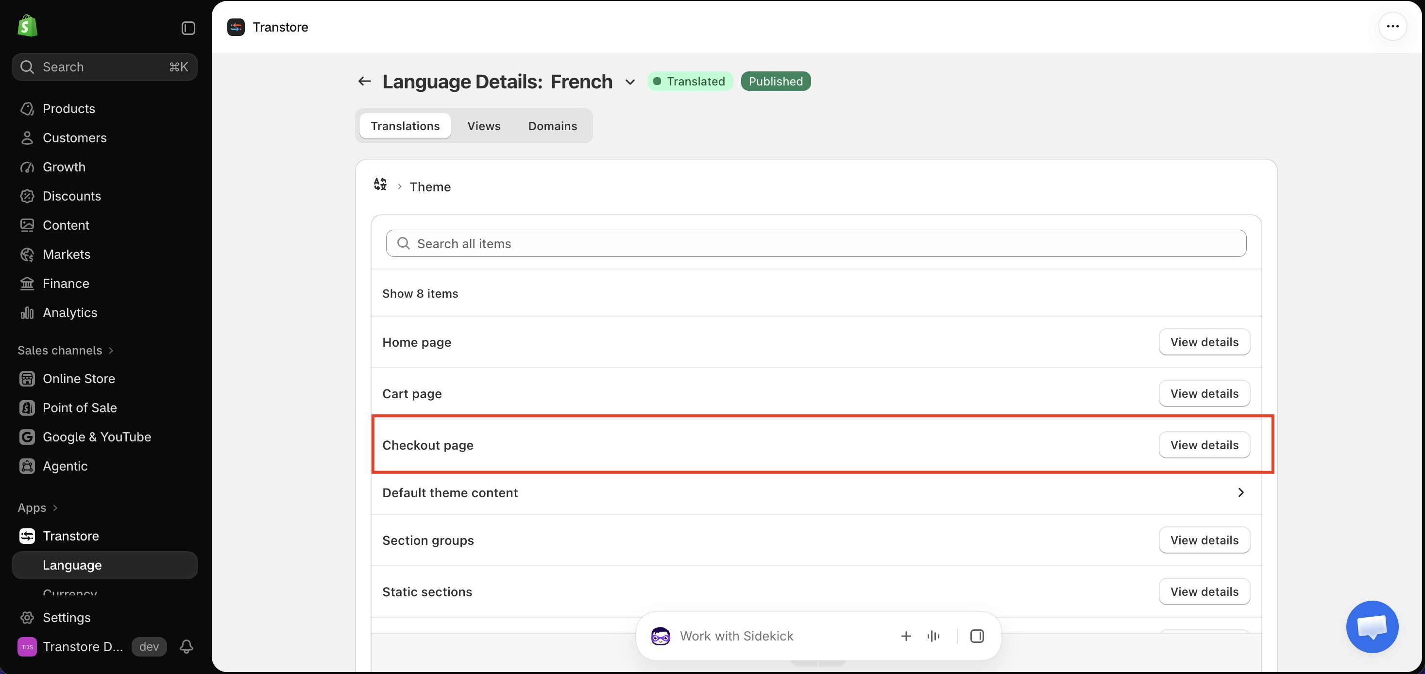 Checkout page translations in Transtore
