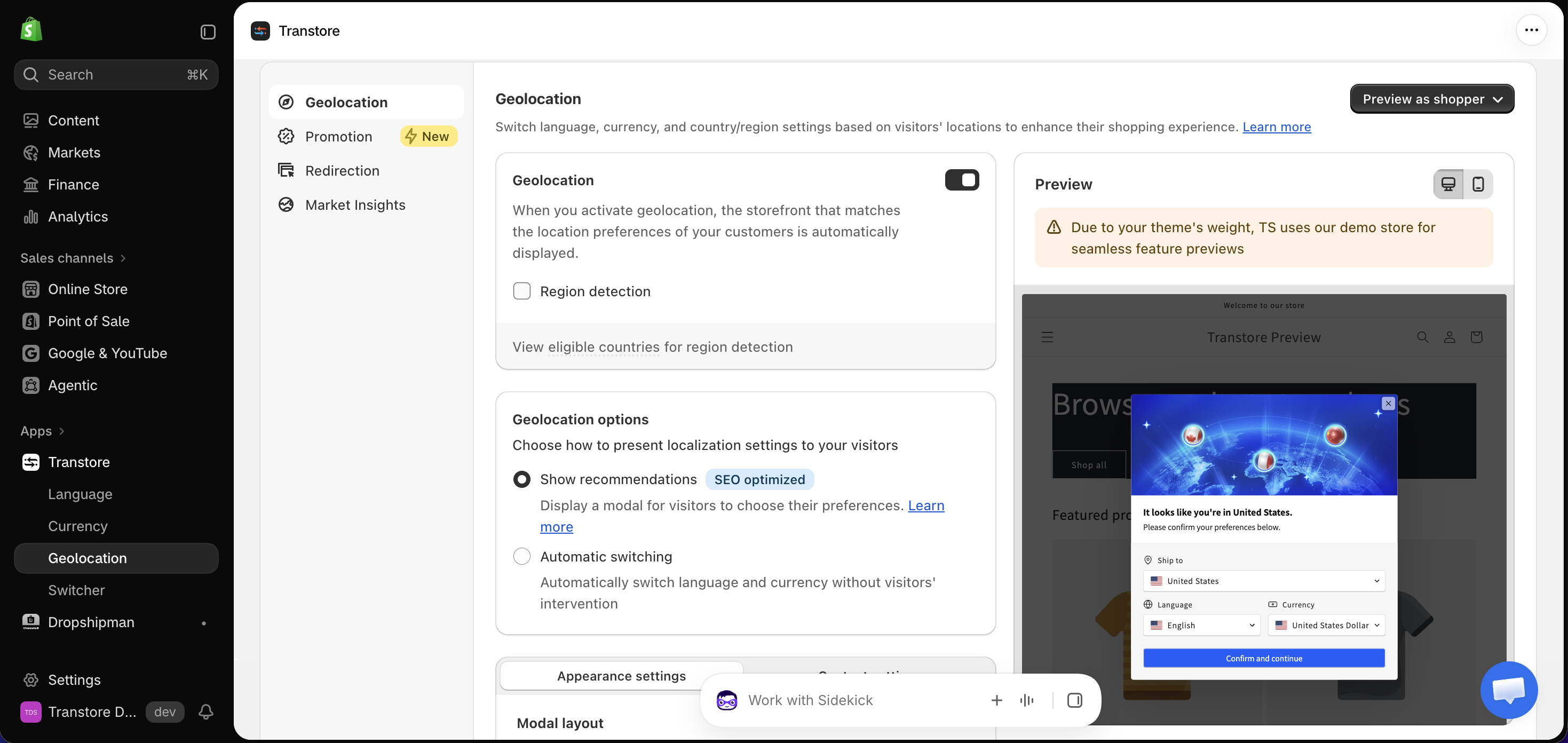 Geolocation options in Transtore