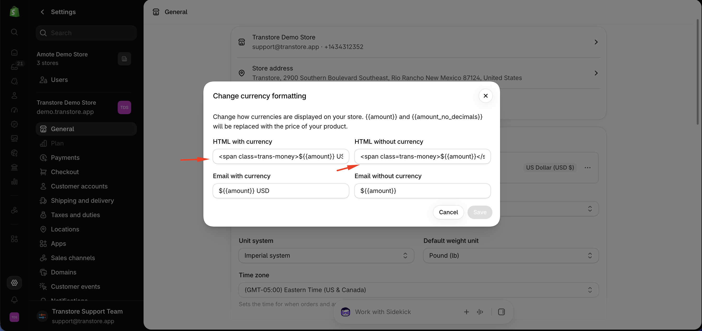 Currency formatting settings in Shopify