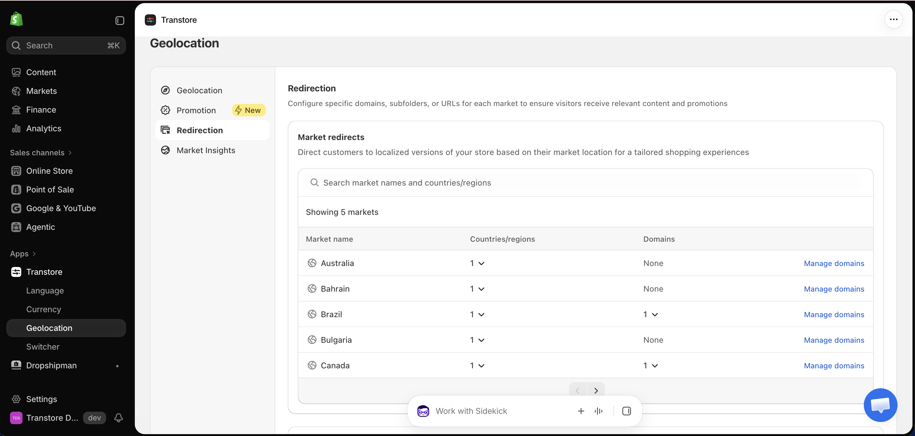 Configure Market redirects in Transtore