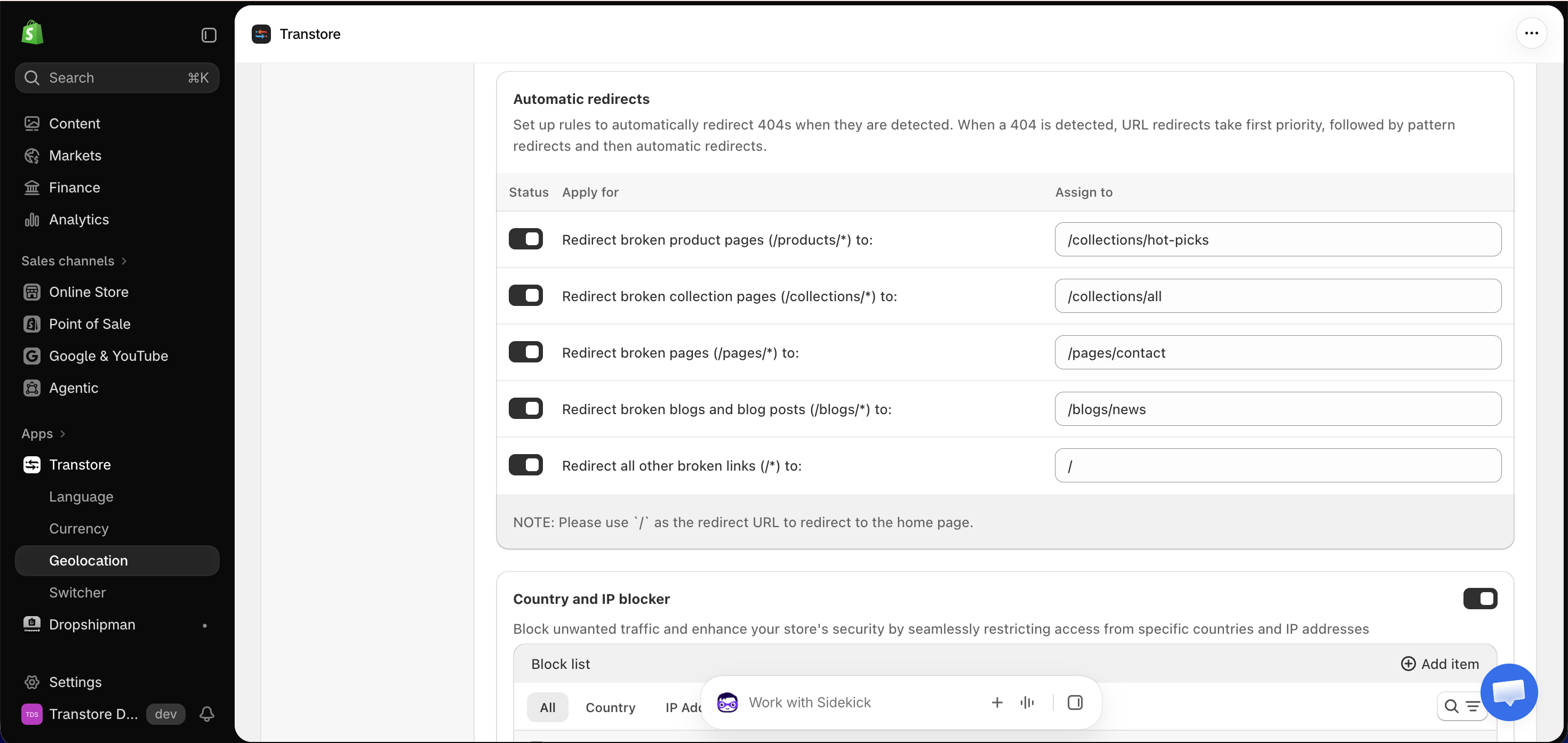Configure Automatic redirects in Transtore