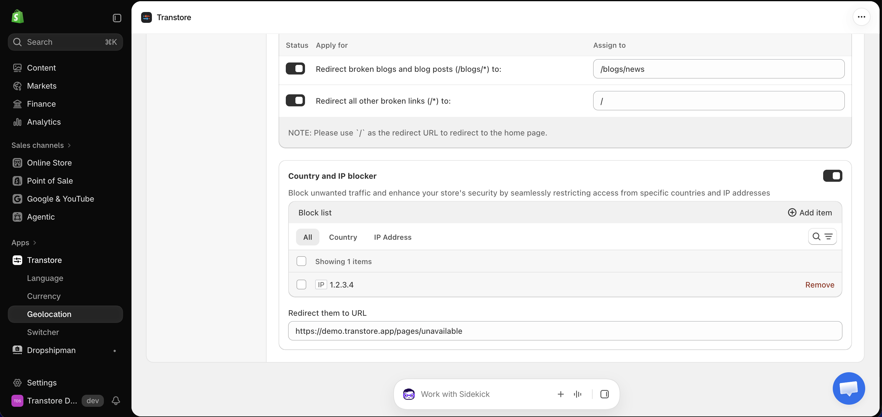 Configure the Country and IP blocker in Transtore