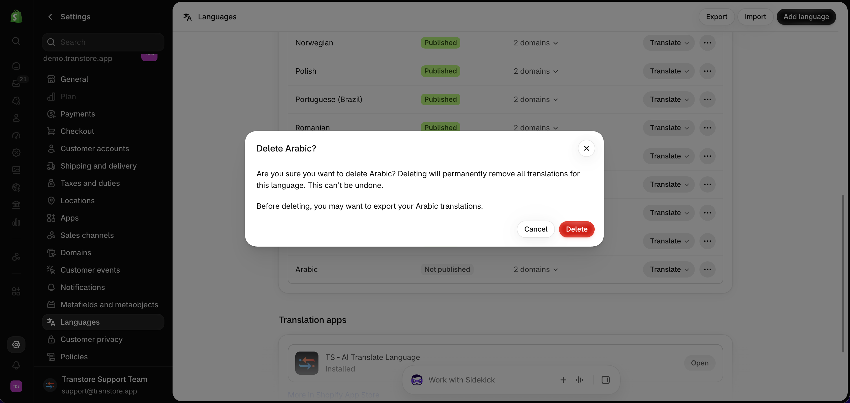 Shopify confirmation for removing a language