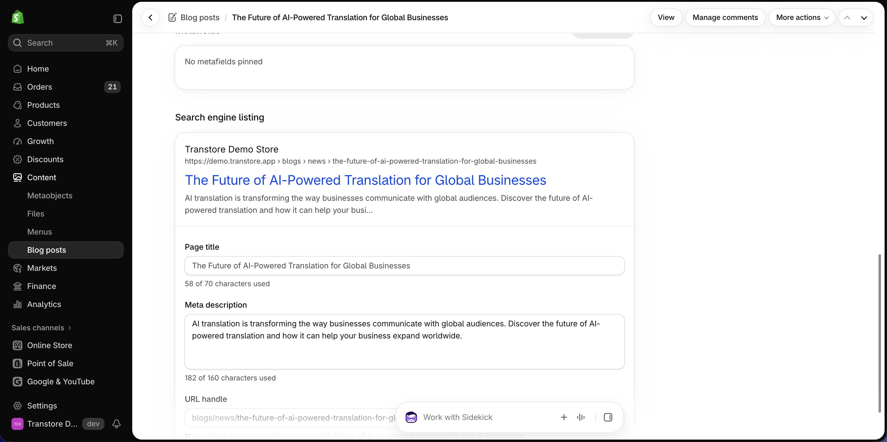 Search engine listing for a blog post