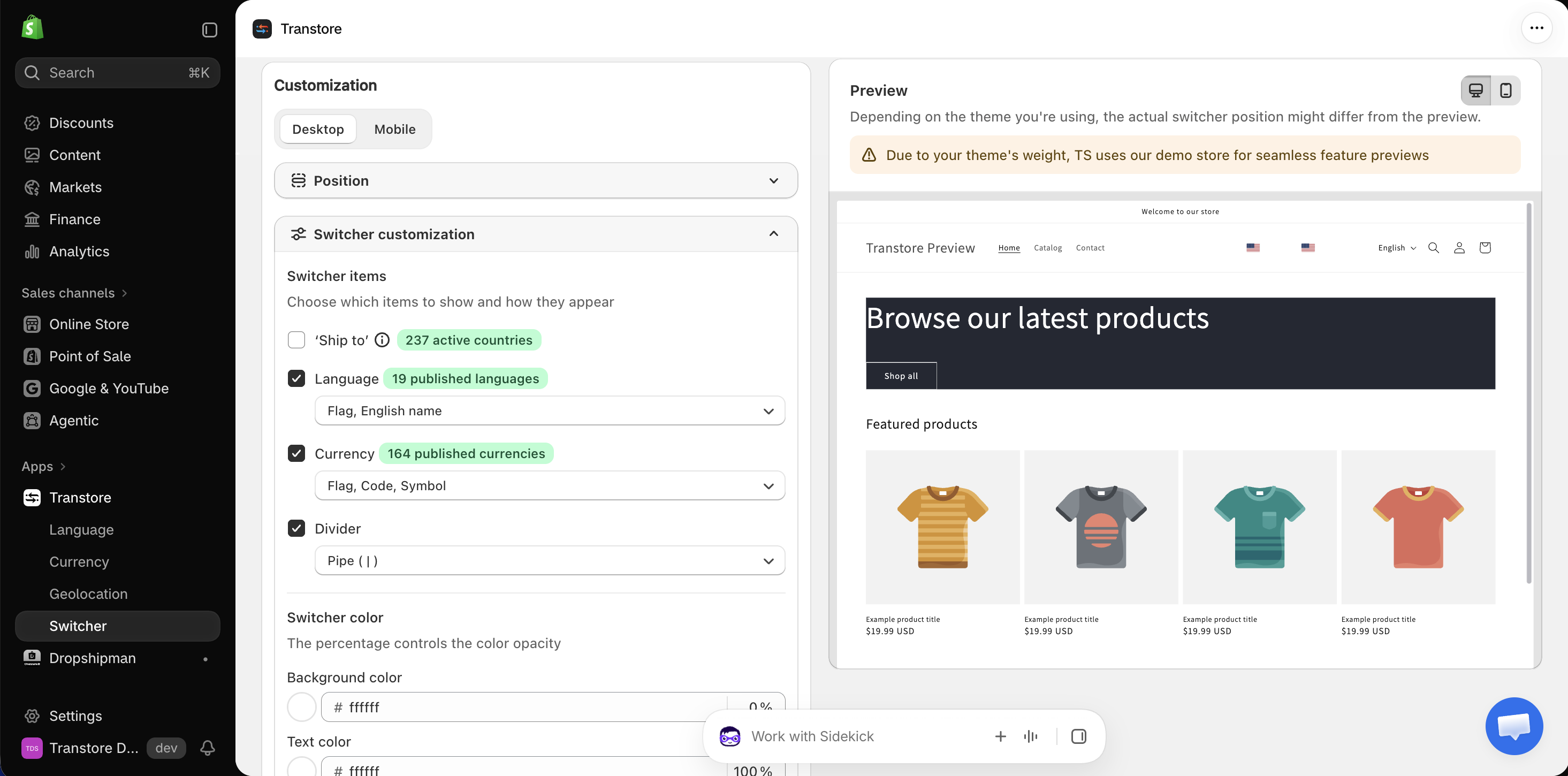 Desktop and mobile customization tabs