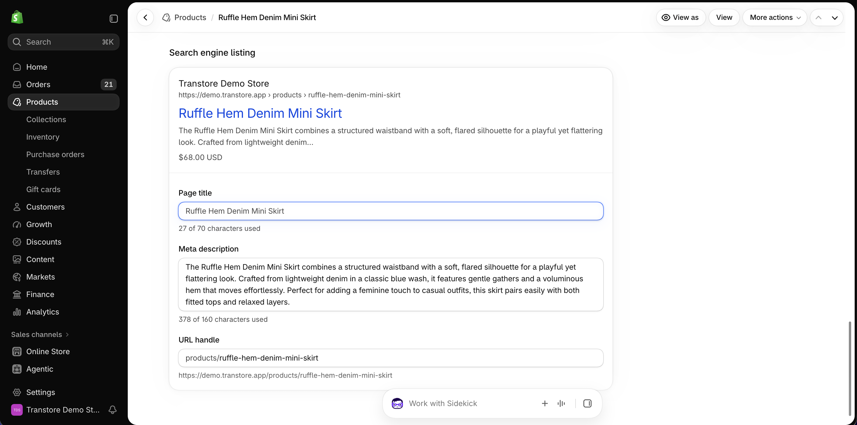 Search engine listing for a product