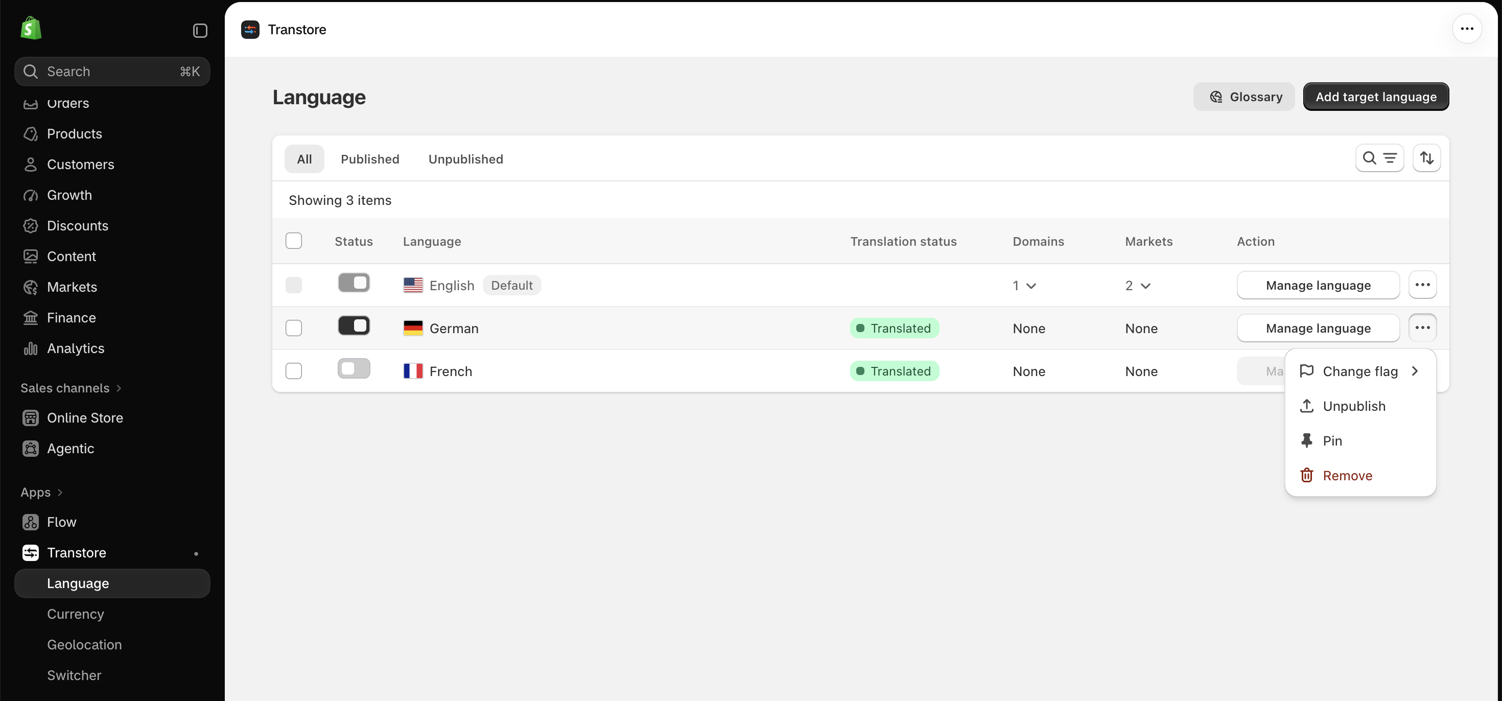 Publish target languages in Transtore