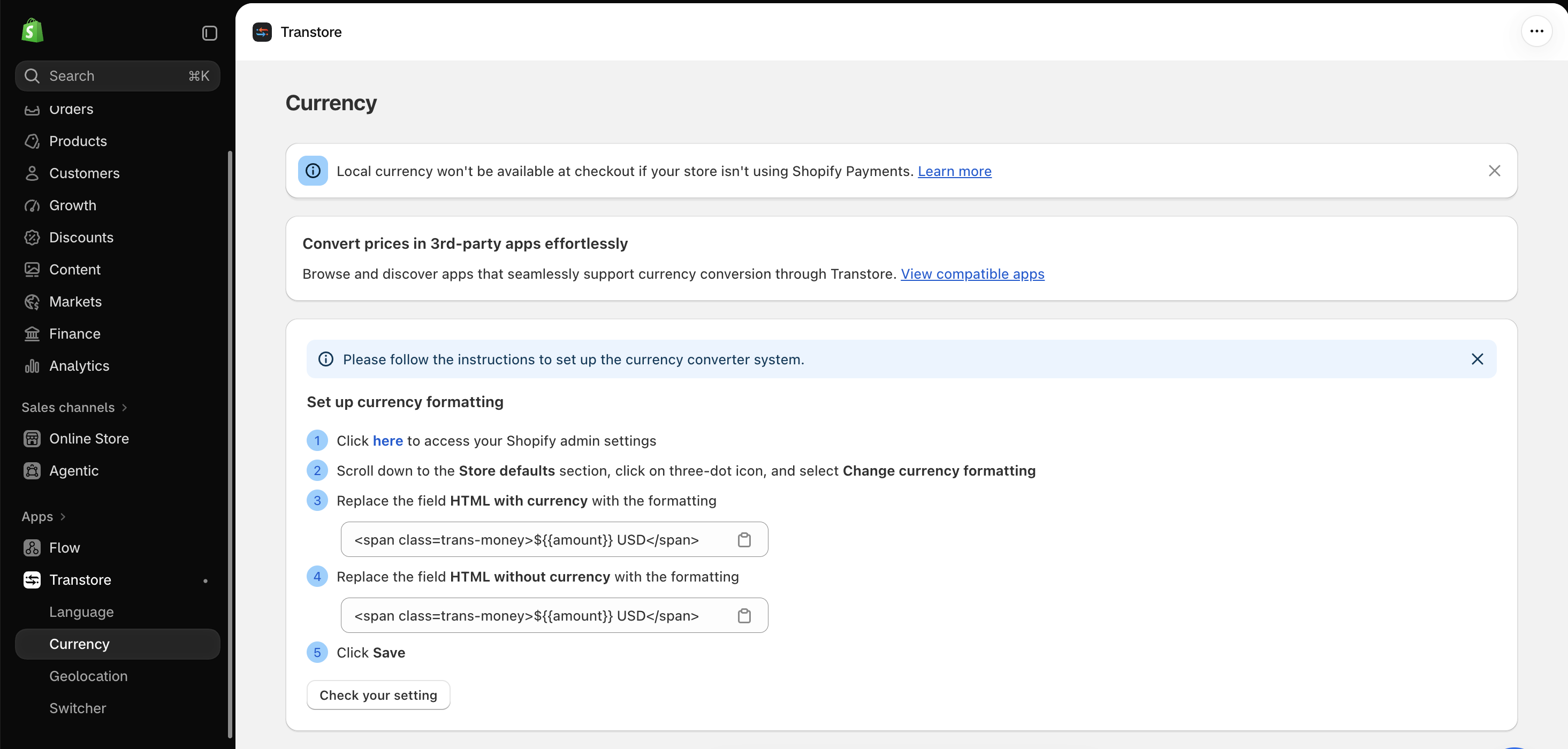 Open Shopify currency settings from Transtore