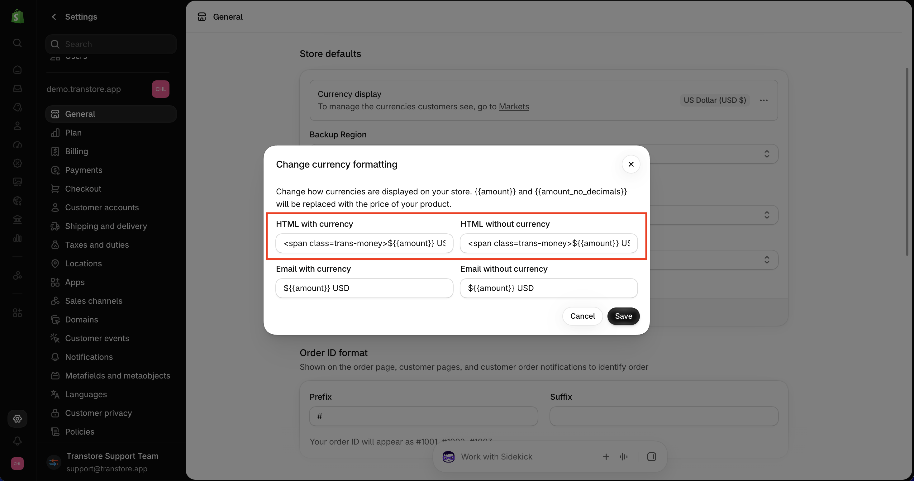 Update the Shopify currency formatting fields