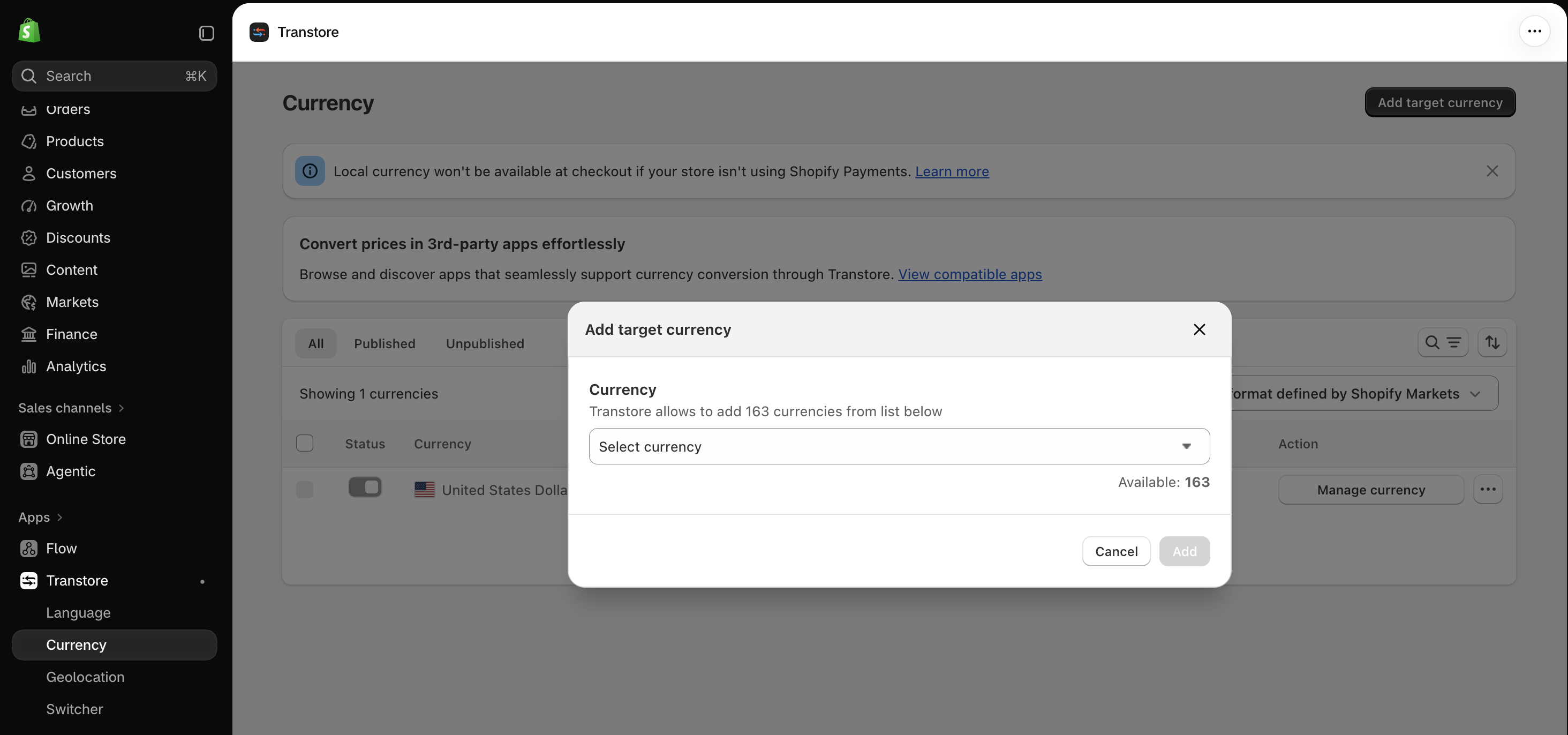 Add target currencies in Transtore