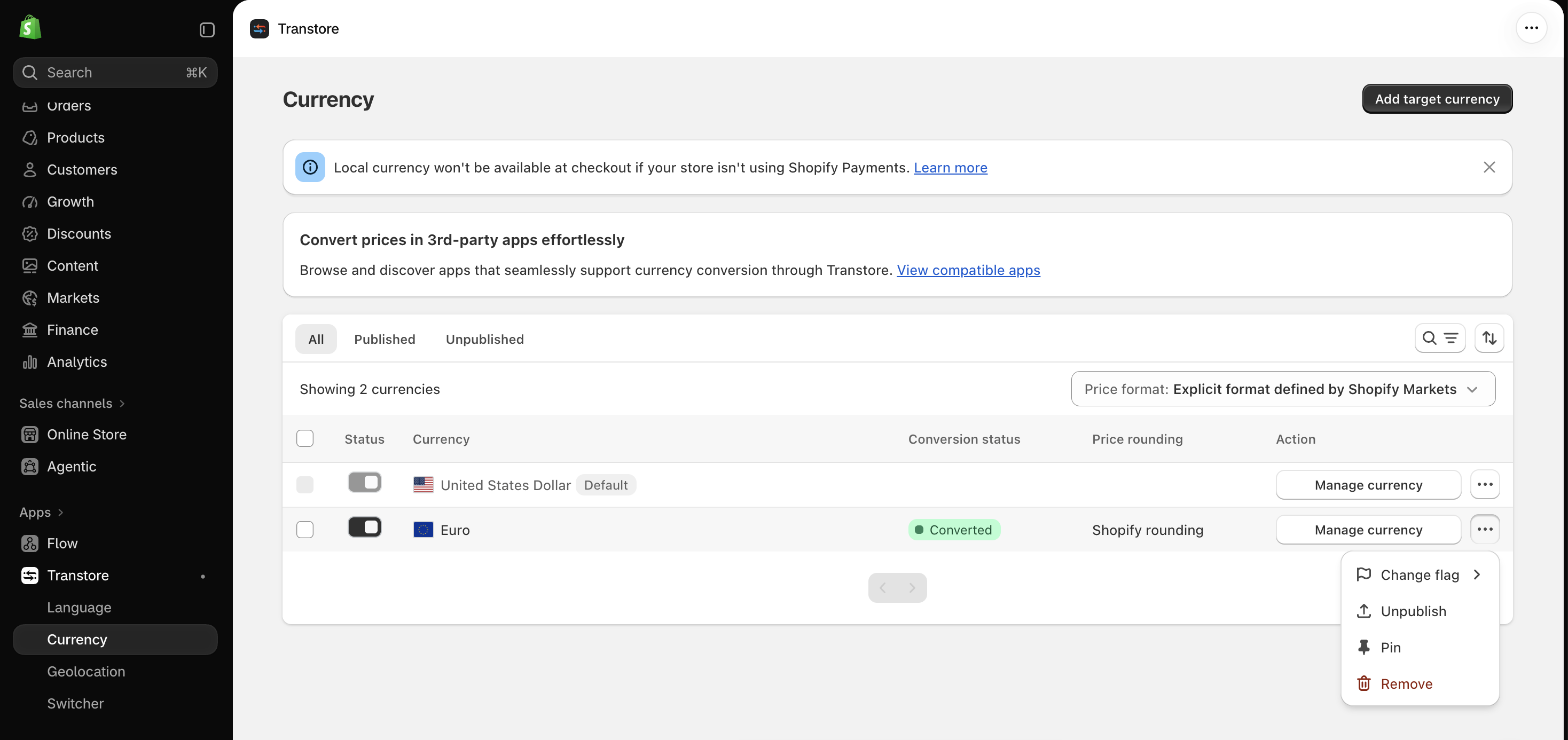 Manage target currencies in Transtore