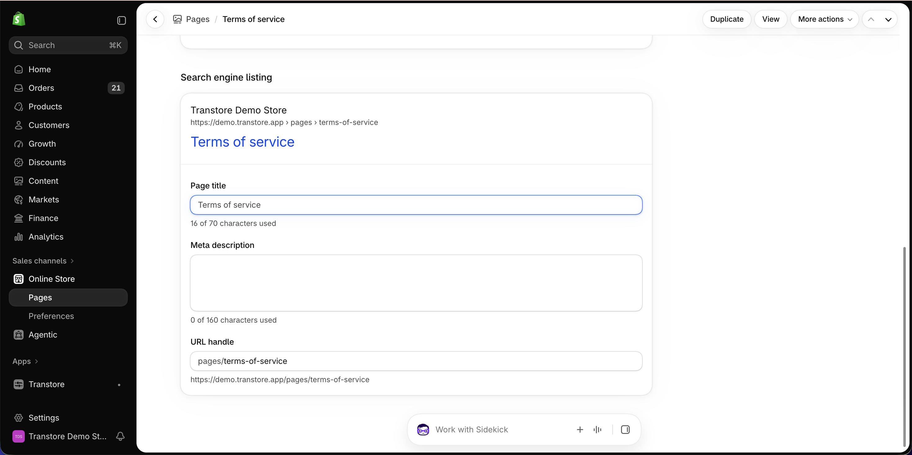 Search engine listing for a page
